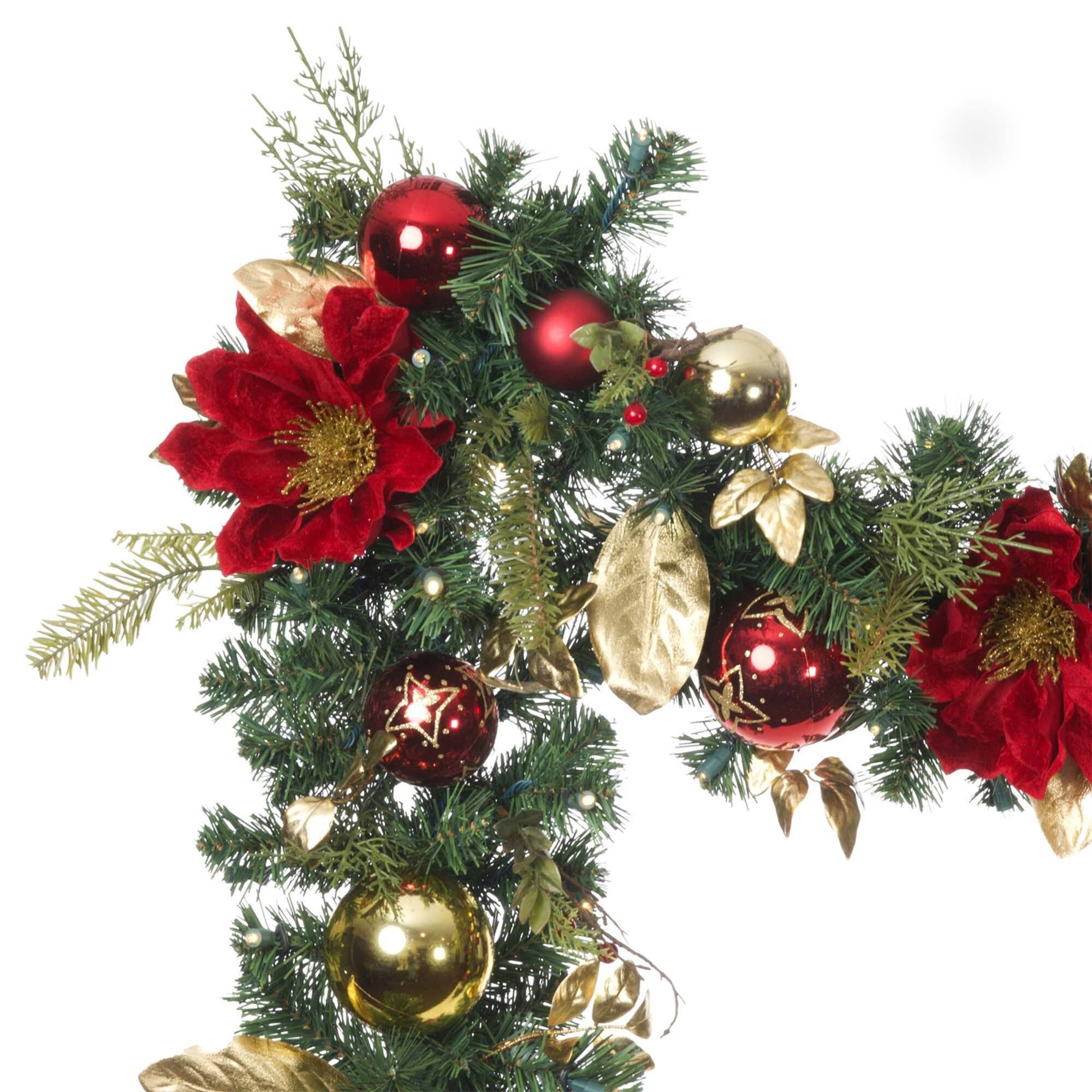 9 ft. Pre-Lit LED Golden Leaf Red Magnolia Artificial Christmas Garland